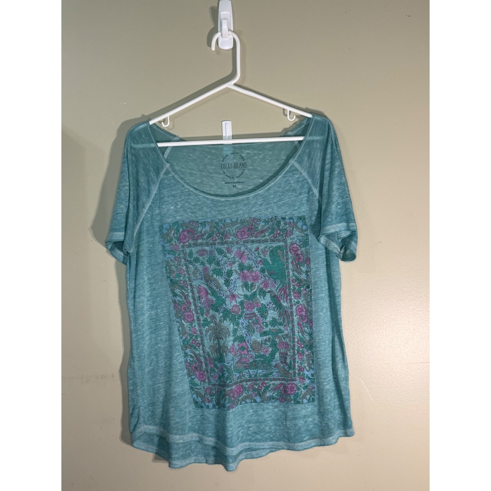 Lucky Brand Teal Green Floral Bird Graphic Slub Knit Tee 7W82954 Mens Medium
